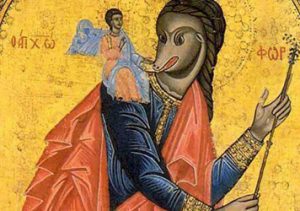 Icona rappresentante San Cristoforo cinocefalo che trasporta il bambino.